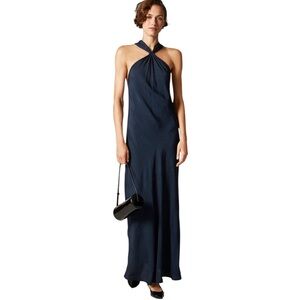 J. CREW COLLECTION Halter Slip Dress in Silky Navy Blue Formal Long Gown Size 14